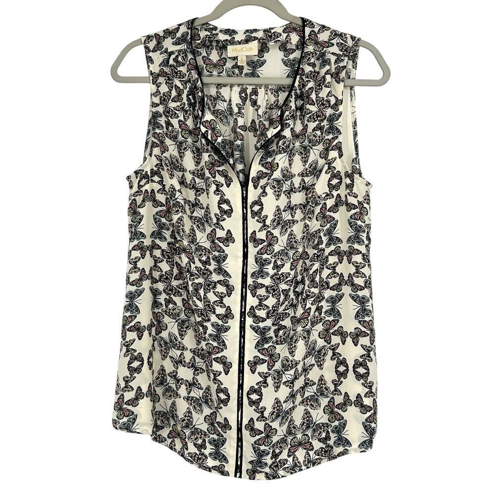 Modcloth Cream Butterfly-Print Sleeveless Zip Tank